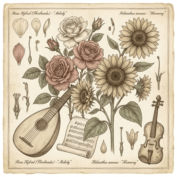 Floral arrangement for a music theme party with roses and sunflowers.