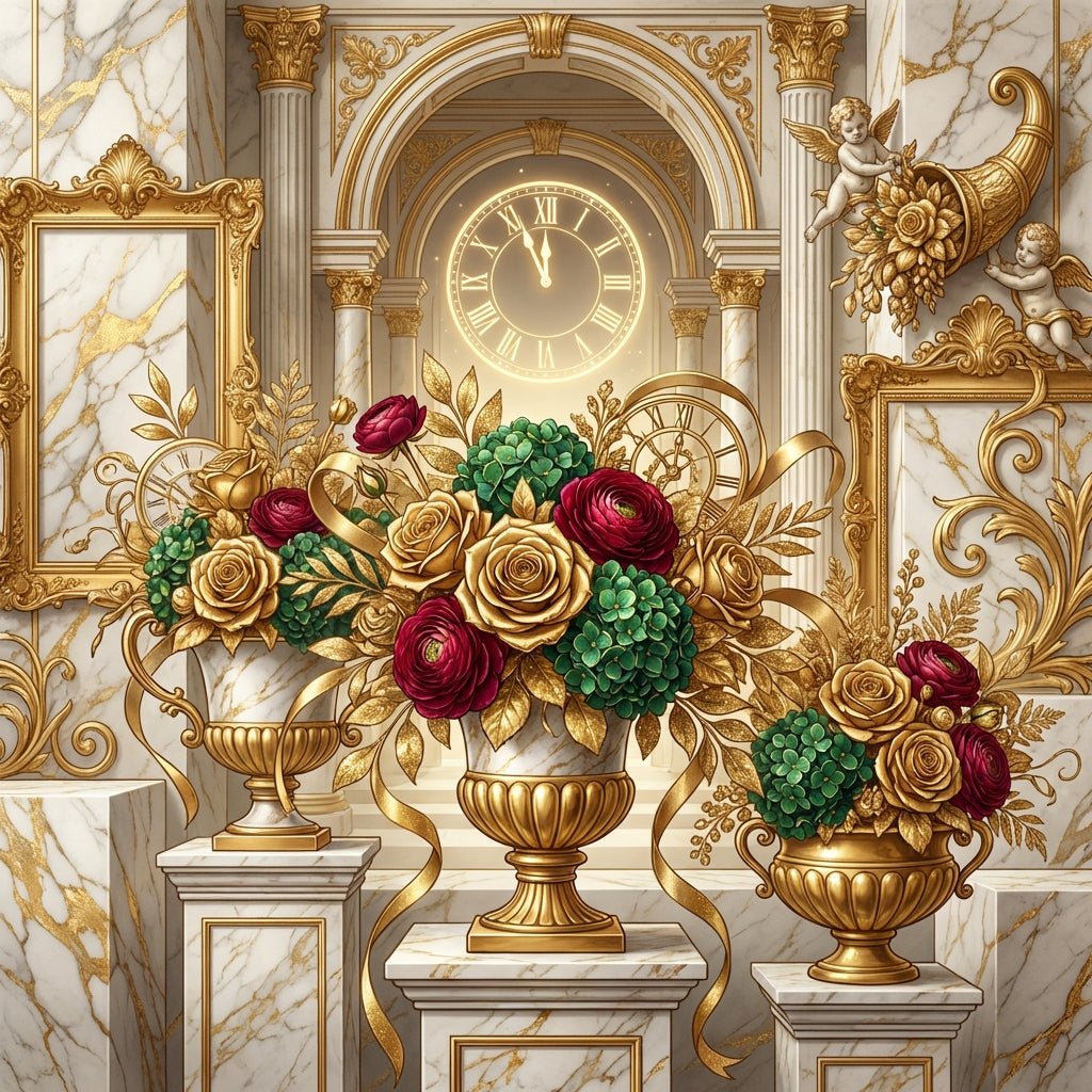 Elegant New Year's Eve floral arrangement with gold roses and metallic accents.