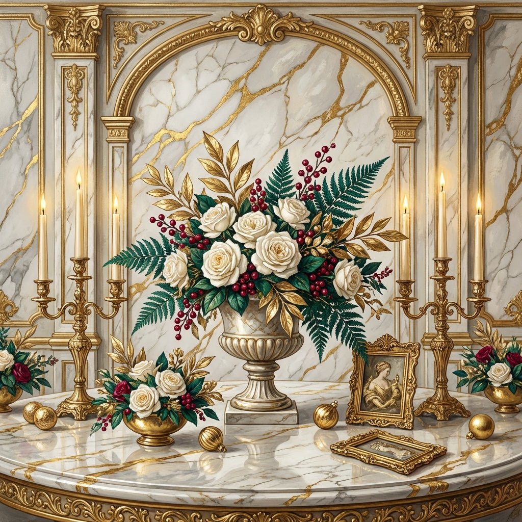 Elegant New Year's Eve floral centerpiece with white roses, gold accents, and candles.