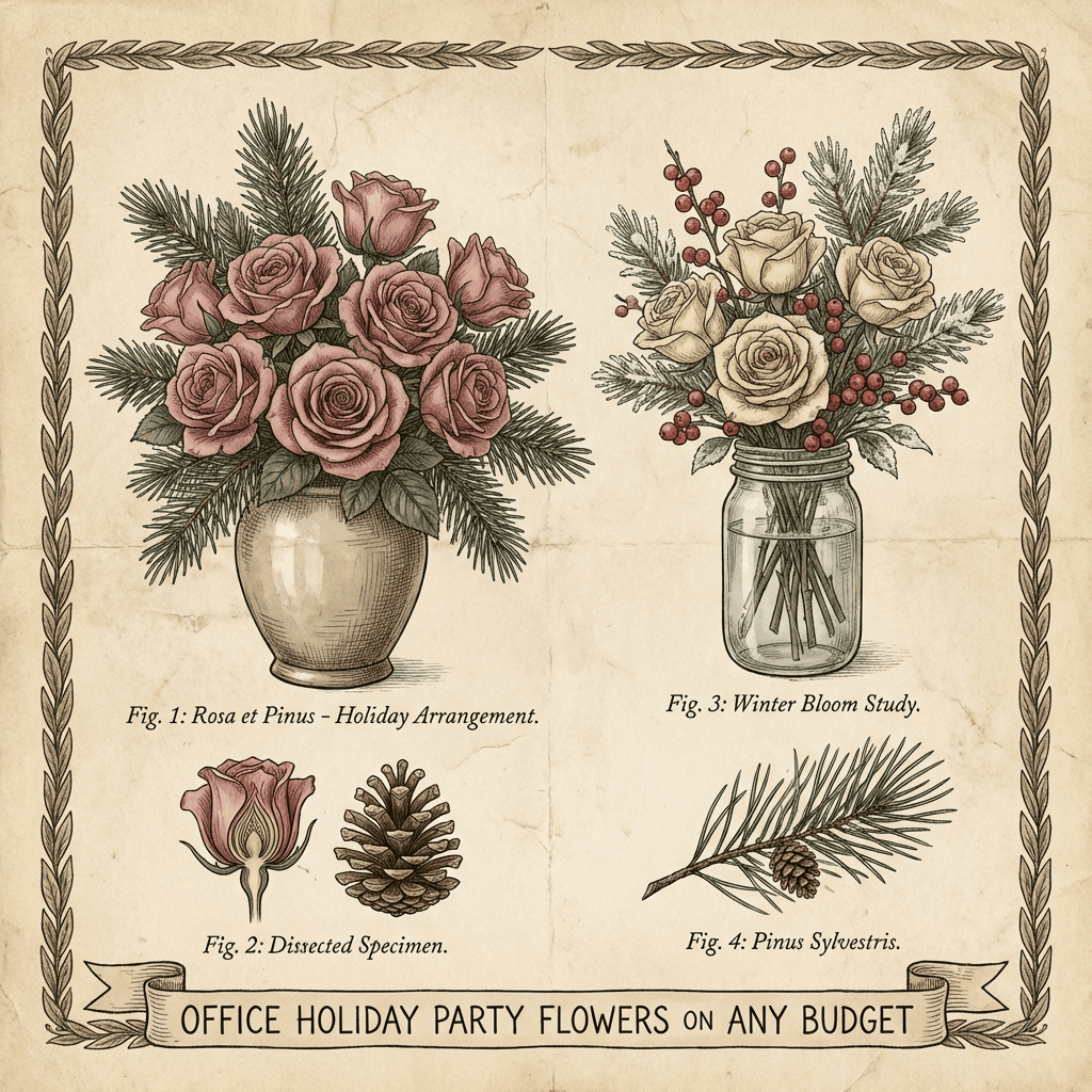 Elegant office holiday party floral arrangements featuring roses and pine