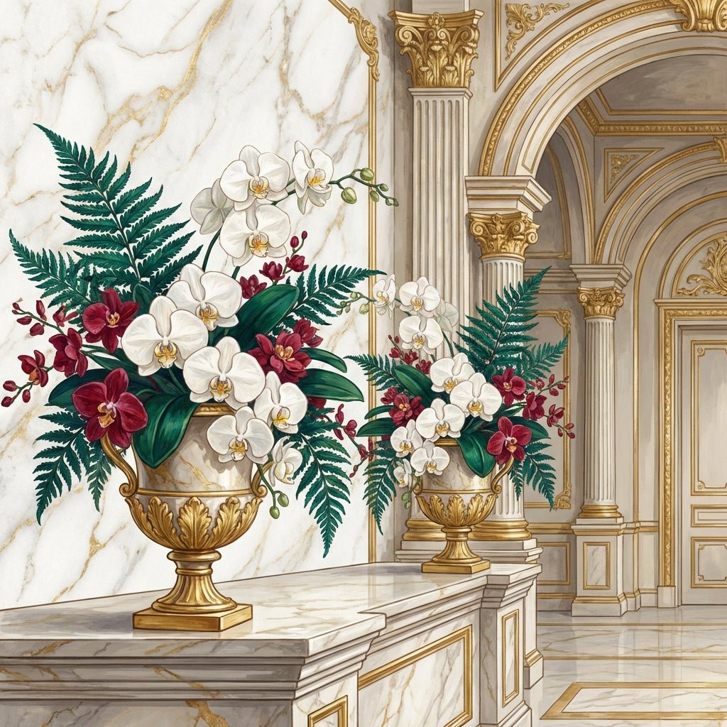 Elegant floral arrangements for an office opening, featuring orchids and greenery.