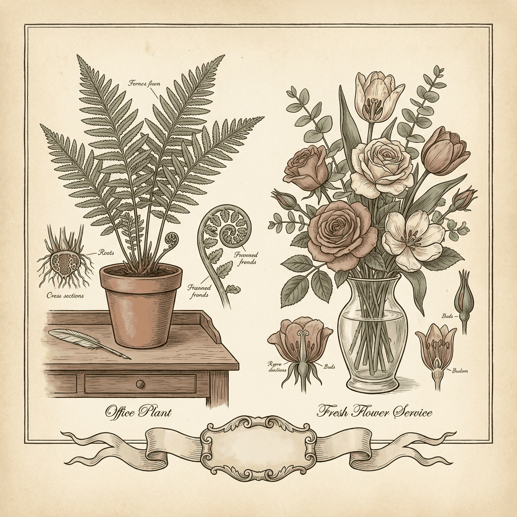 Modern office space with a mix of green plants and vibrant flower arrangements