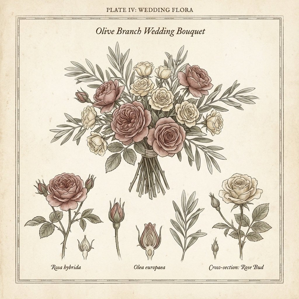 Elegant wedding bouquet featuring olive branches and white roses.