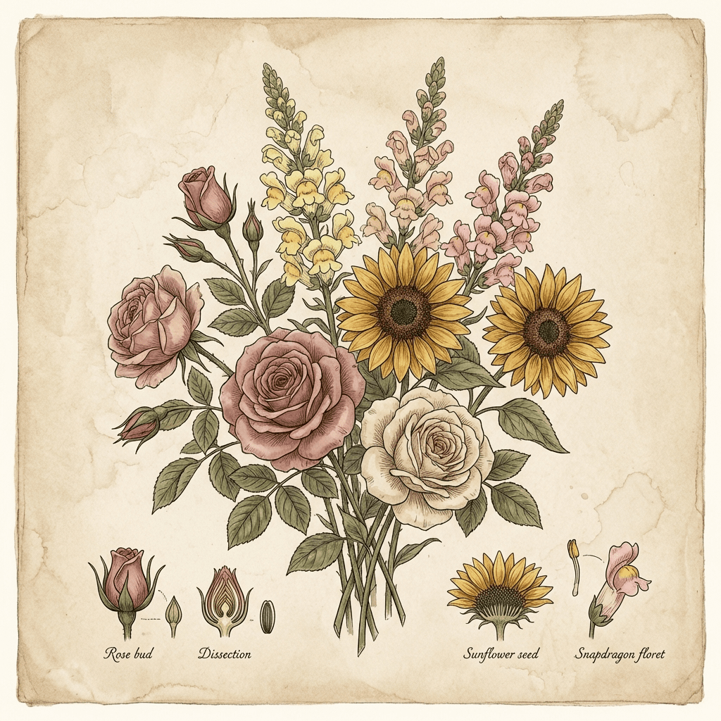 Pet-safe flower arrangement with roses, sunflowers, and snapdragons