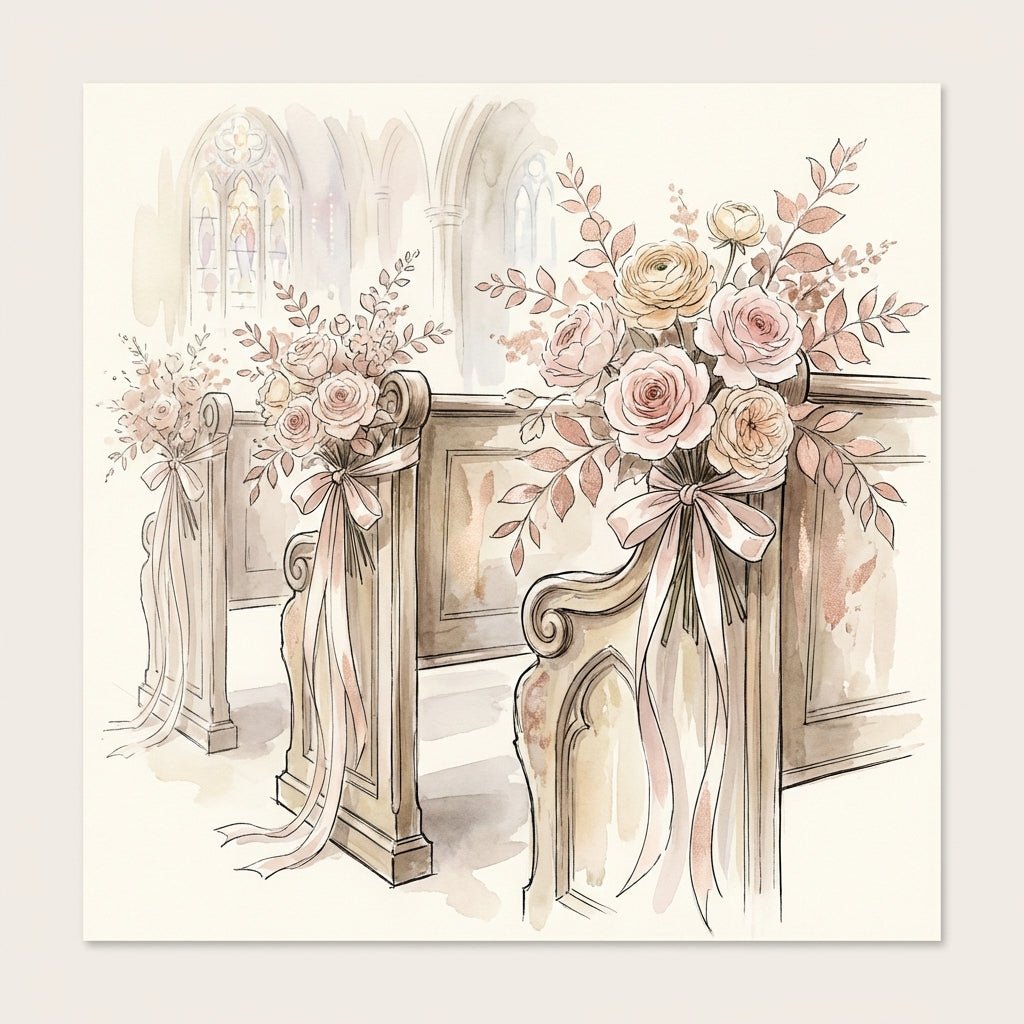 Elegant pew end flower arrangements in a church wedding.