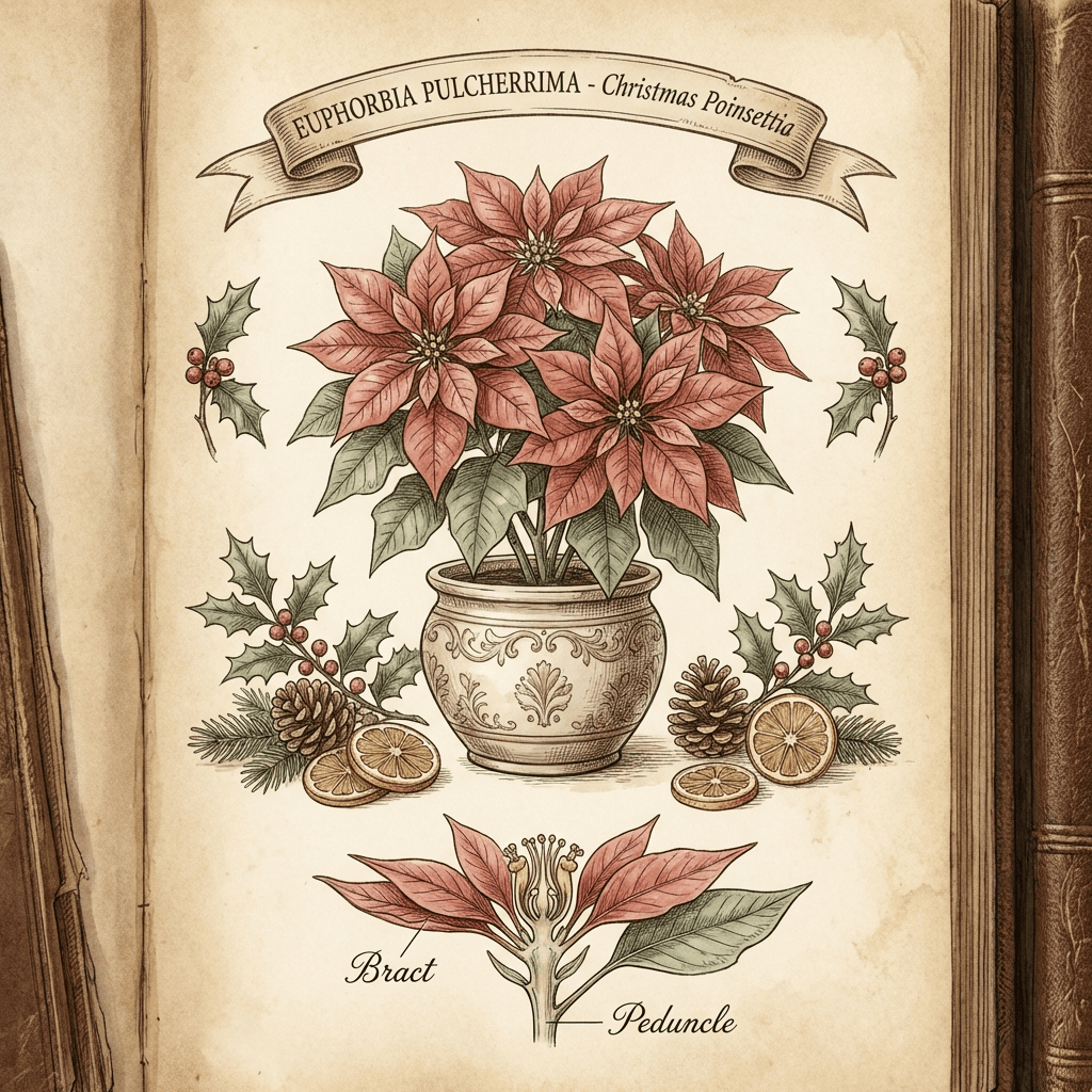 Beautiful red poinsettia plant in a pot, surrounded by Christmas decorations