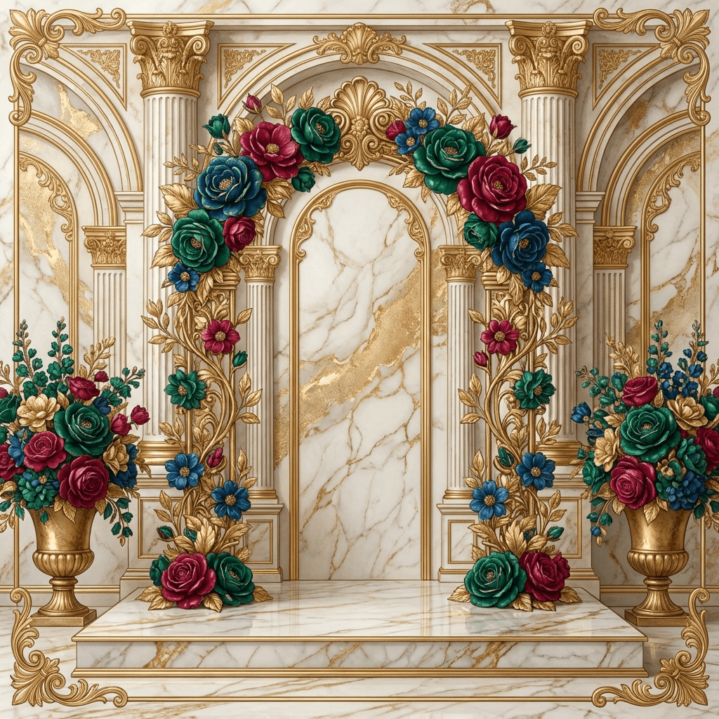 Pop up shop flower installation with a floral arch