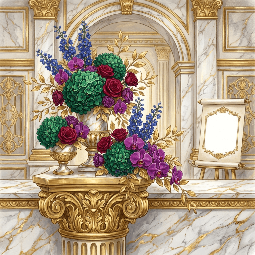 Elegant floral arrangements at a corporate press event.
