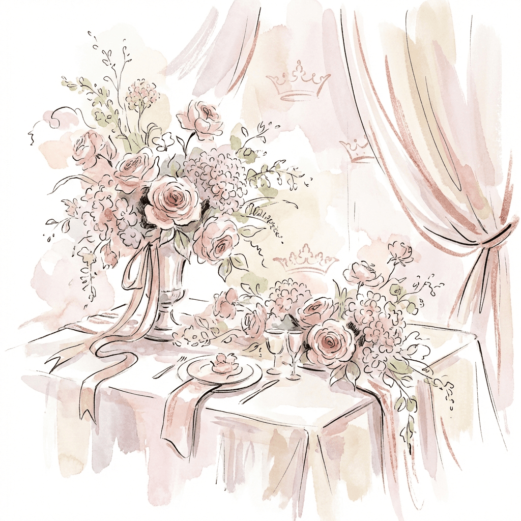 Princess party flower arrangements on a decorated table.