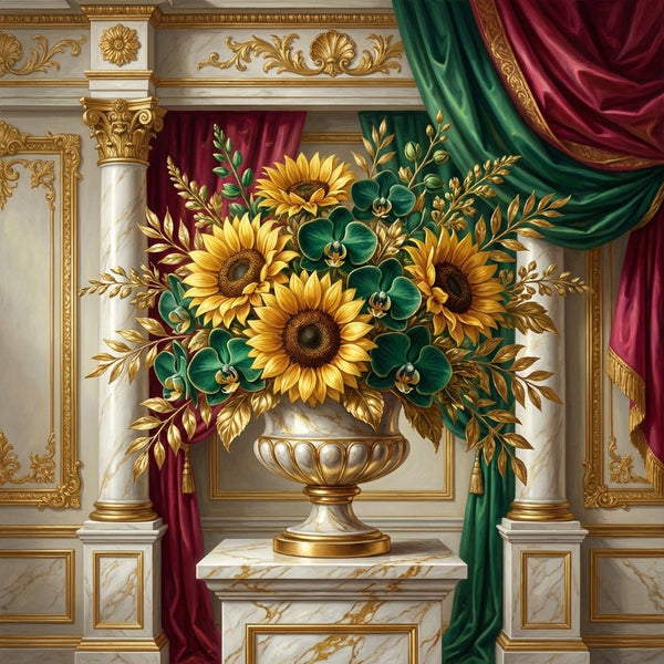 Floral arrangement with sunflowers, orchids, and greenery for project completion celebration.