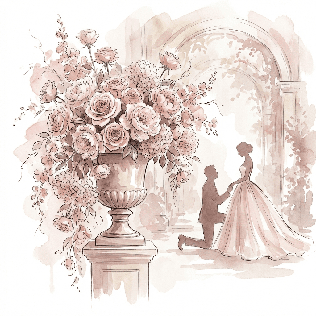 Romantic couple getting engaged with a beautiful flower arrangement