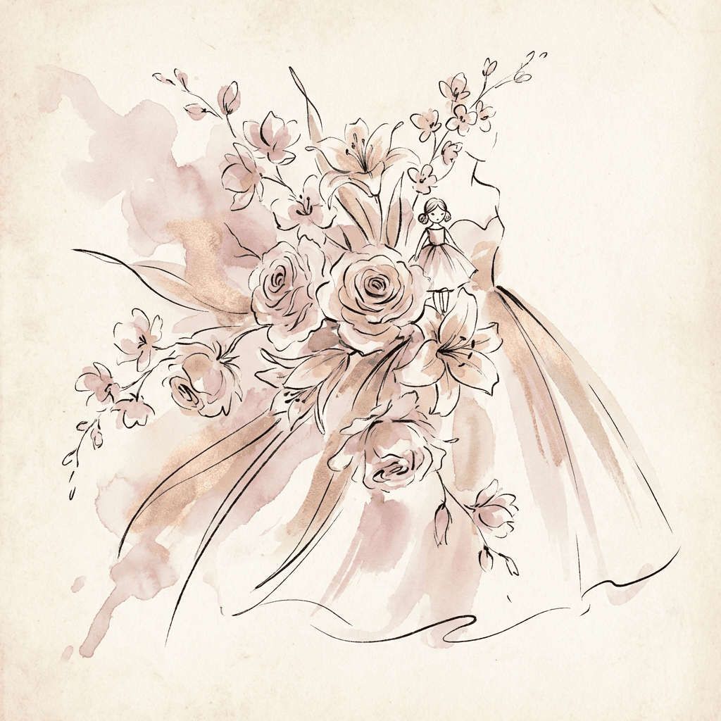 Quinceañera last doll with a bouquet of pastel roses and lilies