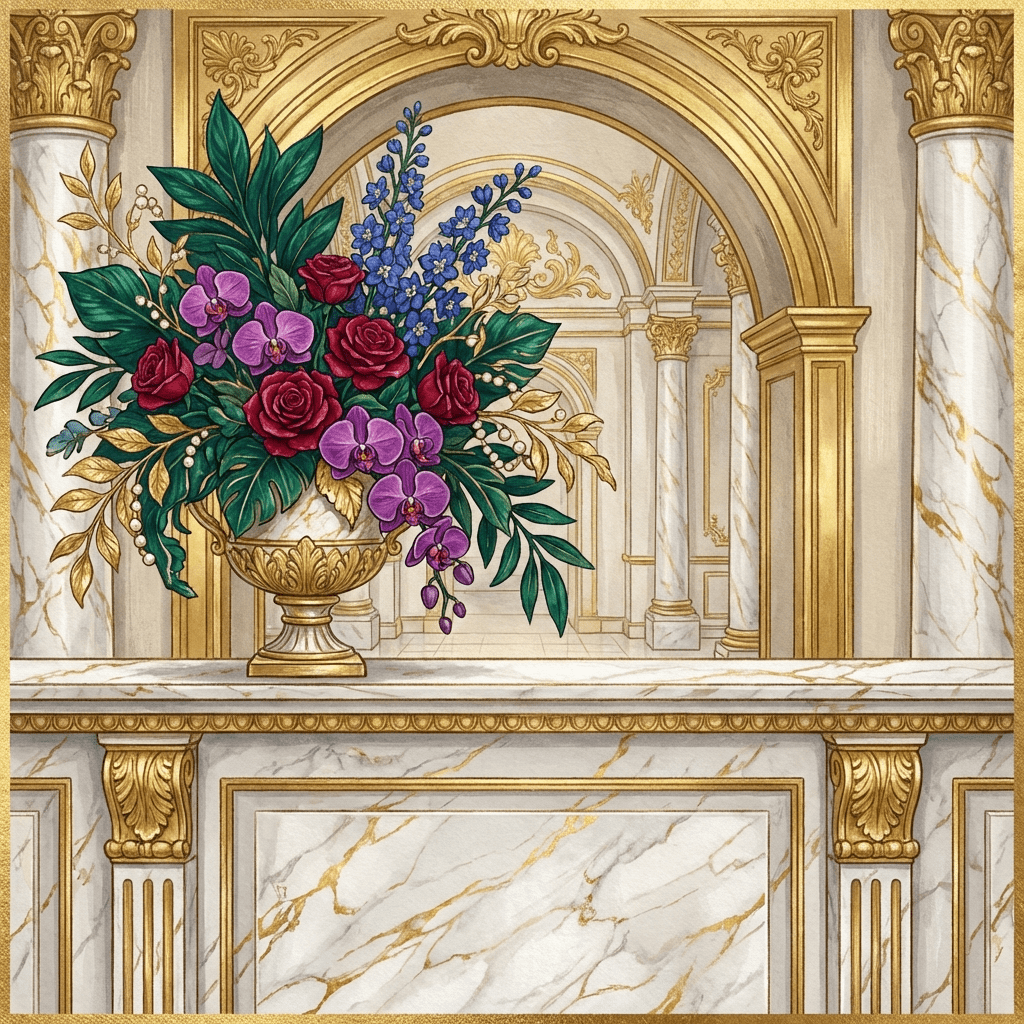 Elegant reception area with a modern orchid arrangement on the desk.