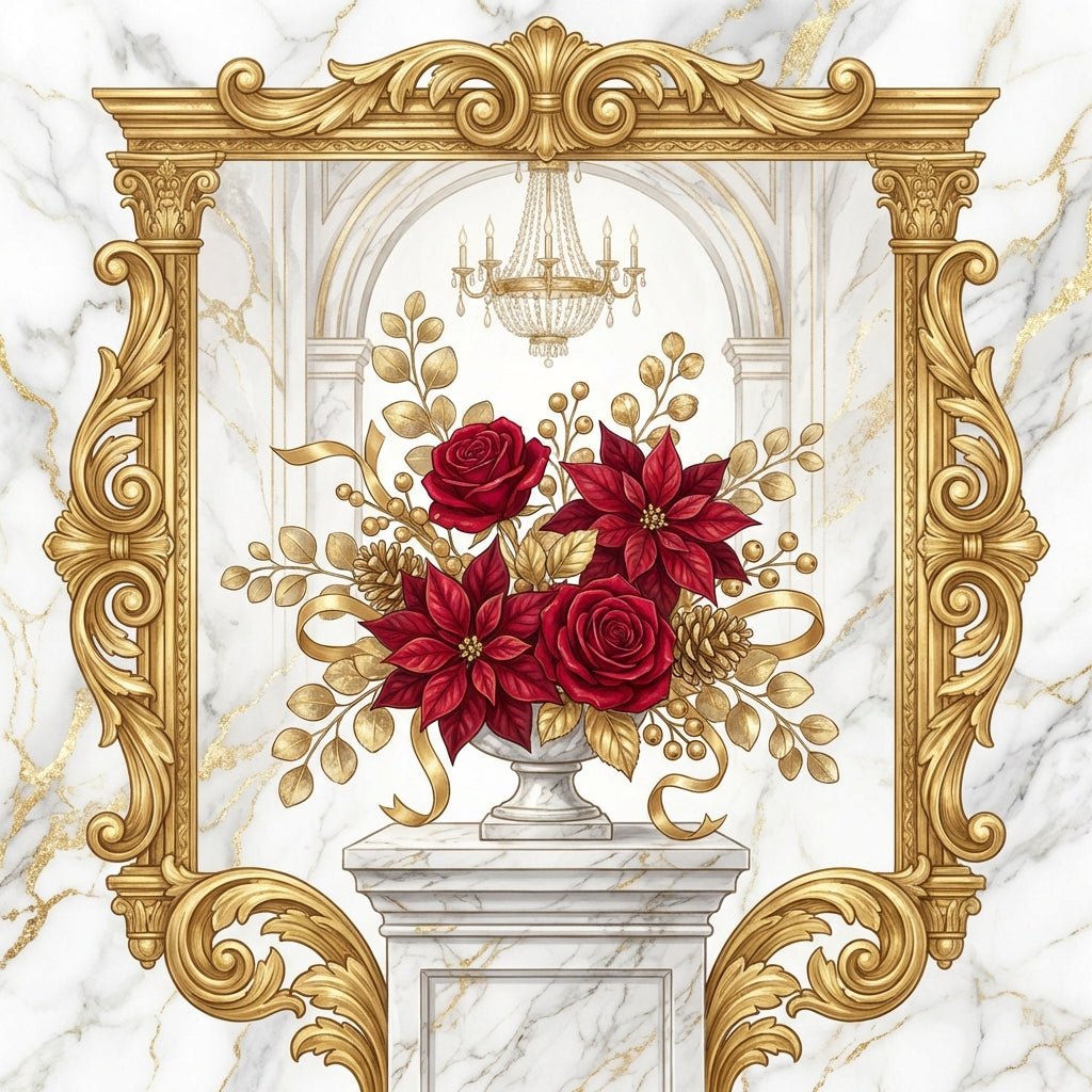 Elegant red and gold Christmas flower arrangement for corporate event.