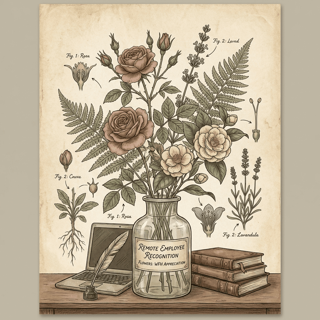 Remote employee recognition flowers on a desk with a laptop