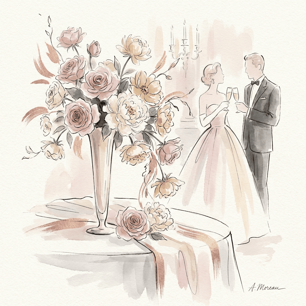 Romantic couple enjoying date night with a beautiful flower arrangement.