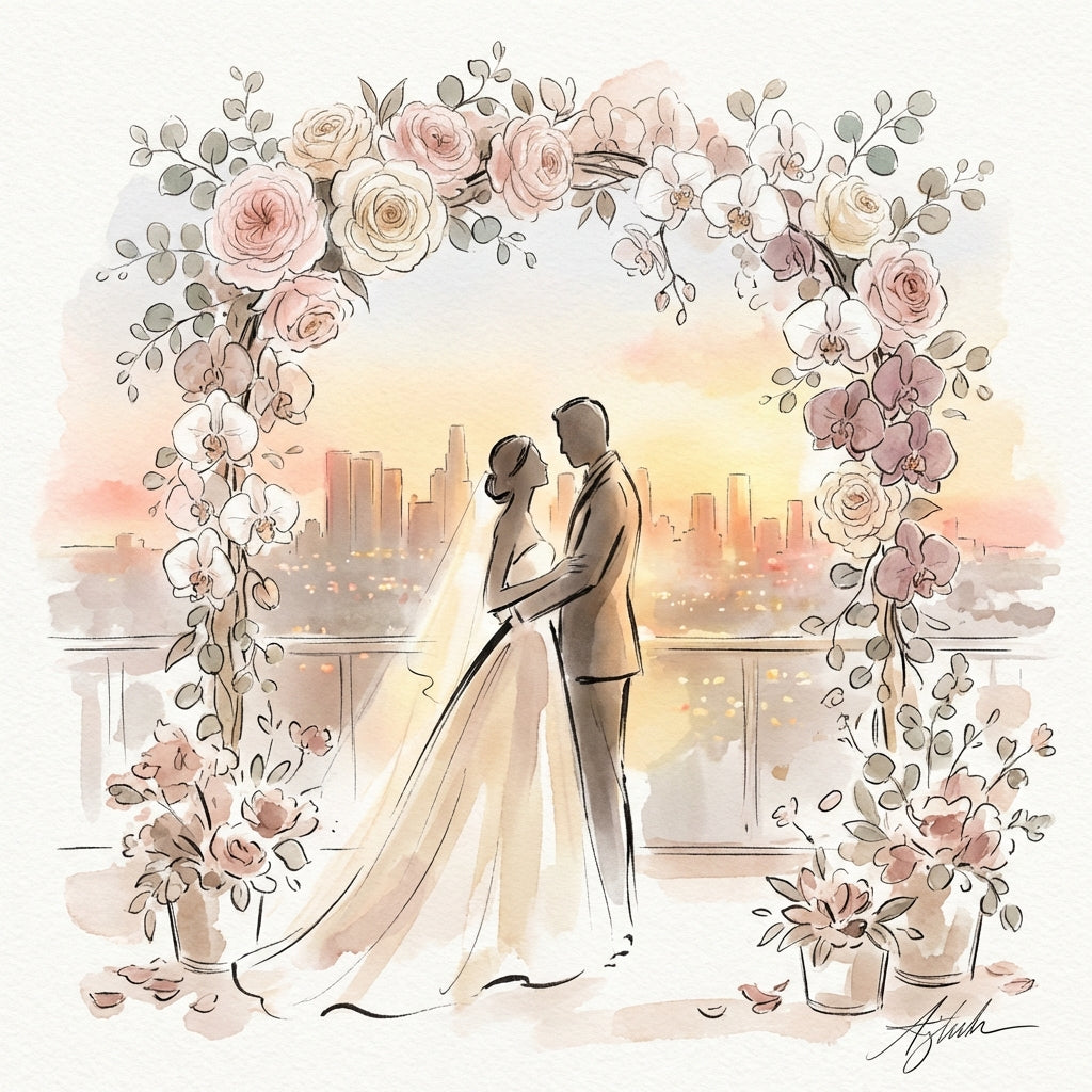 Rooftop sunset wedding ceremony with cascading garden rose arch at The West Hollywood EDITION