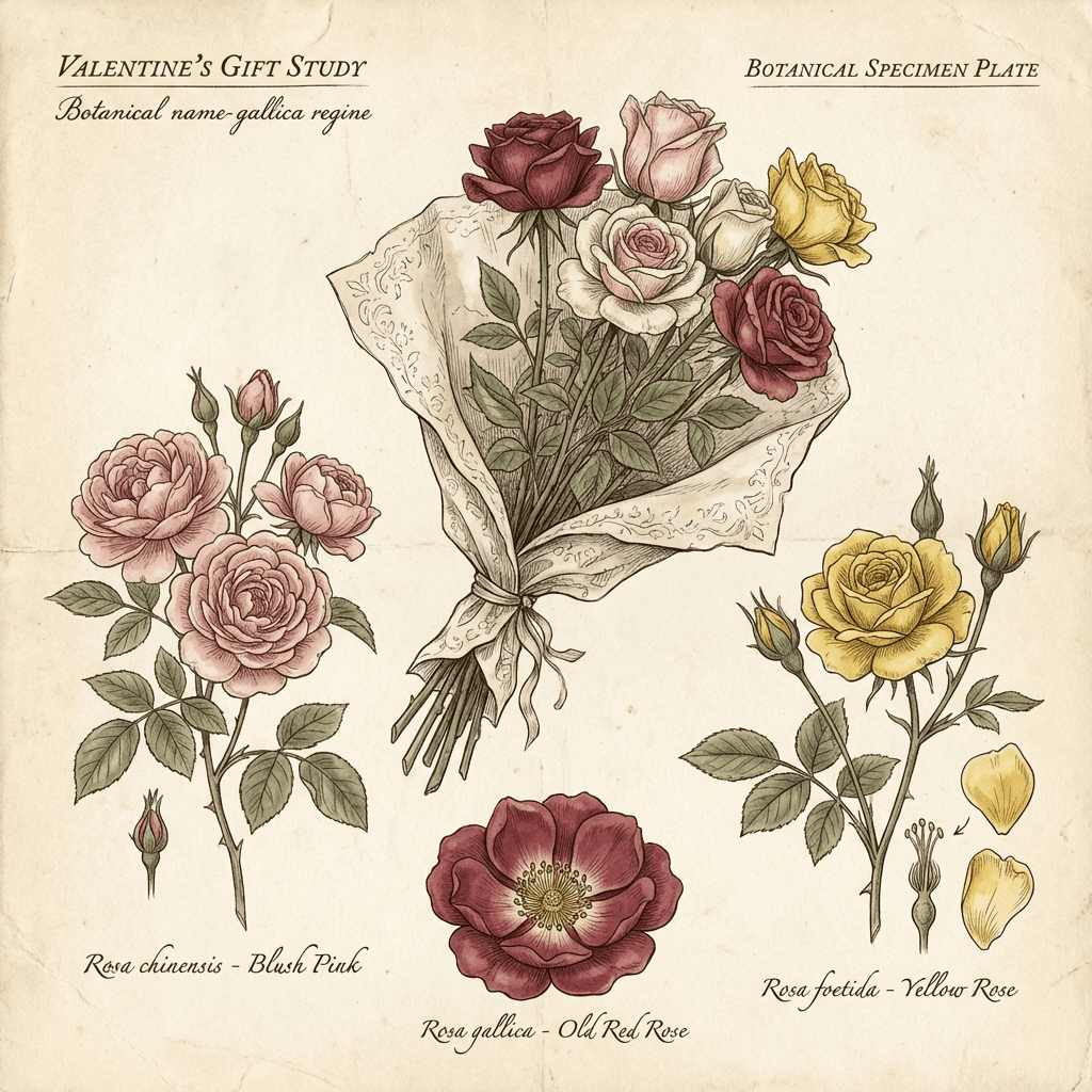 Valentine's Day roses in various colors with gift wrapping.