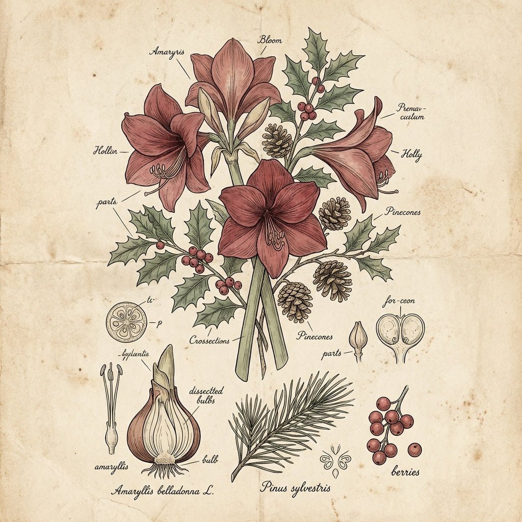 Rustic Christmas flower arrangement with pinecones, berries, and red amaryllis