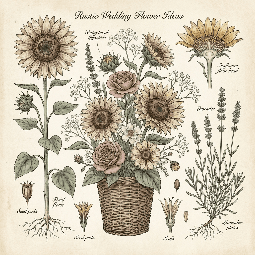 Rustic wedding flower arrangements featuring sunflowers, baby's breath, and lavender.