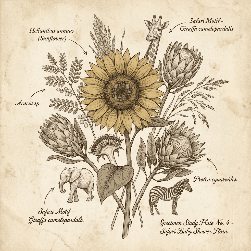 Safari themed baby shower floral arrangement with sunflowers and animal accents