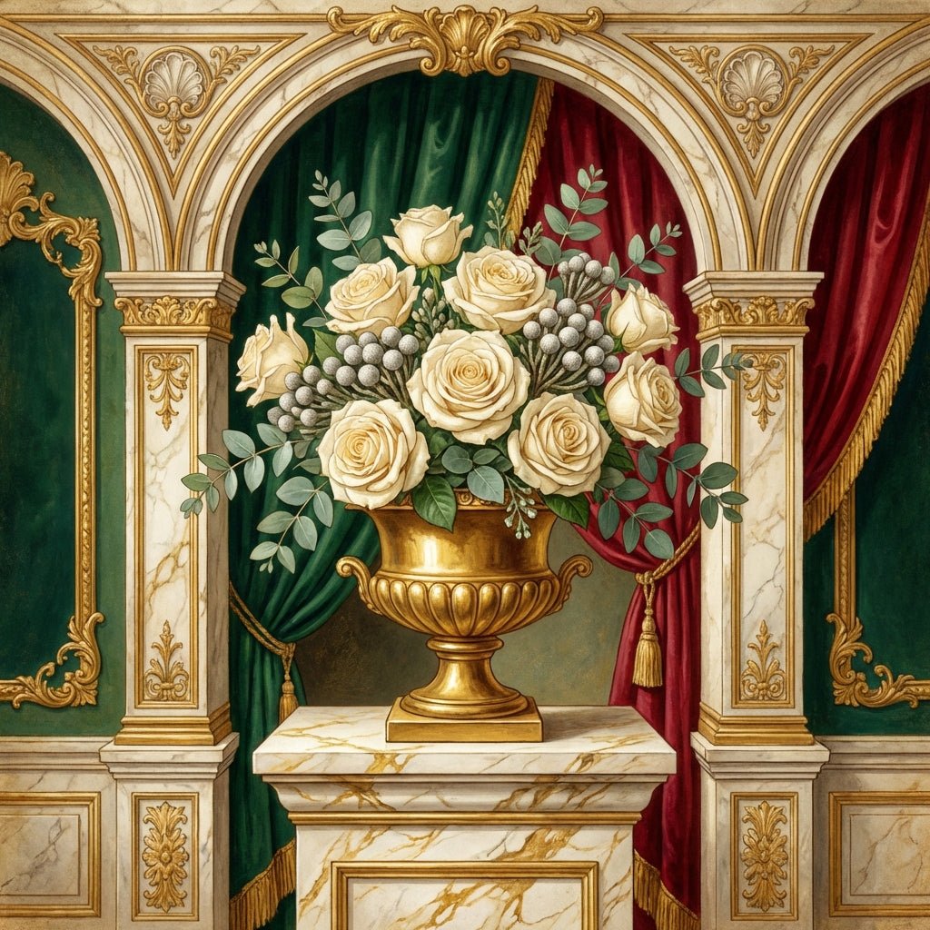 Elegant white roses and silver brunia centerpiece for corporate holiday event.