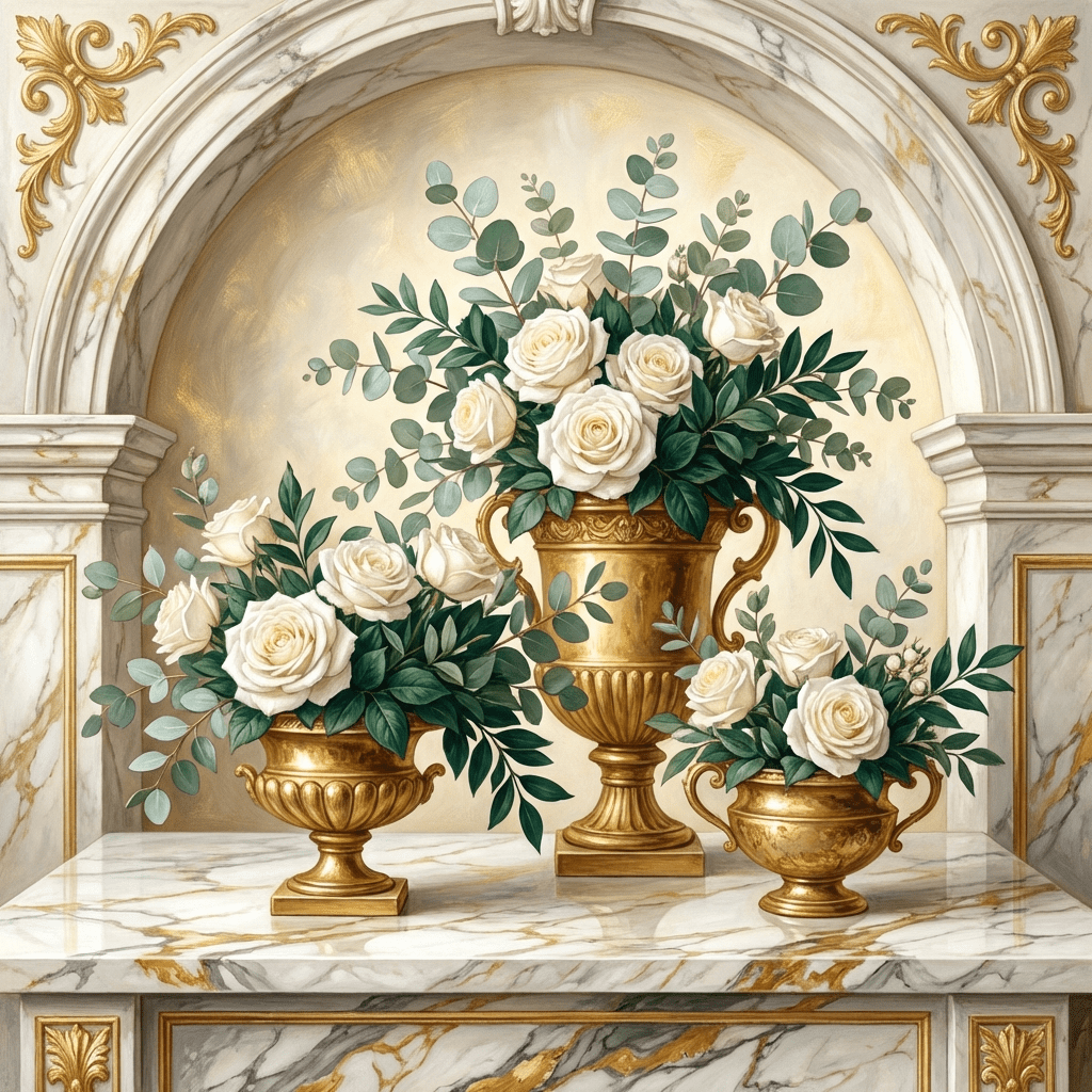 Elegant silver anniversary party flowers featuring white roses and silver dollar eucalyptus.