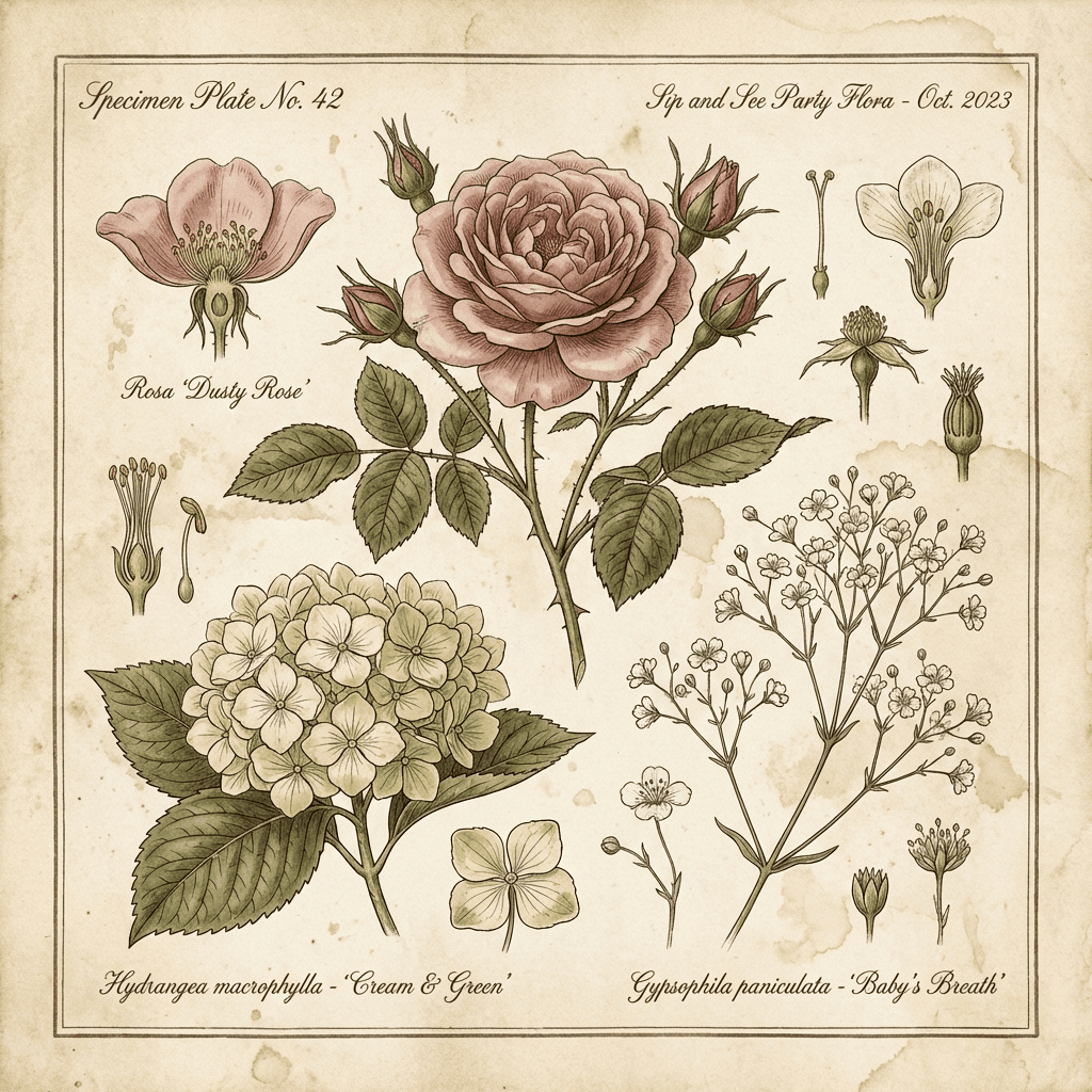 Sip and See party flowers, featuring roses, hydrangeas, and baby's breath.