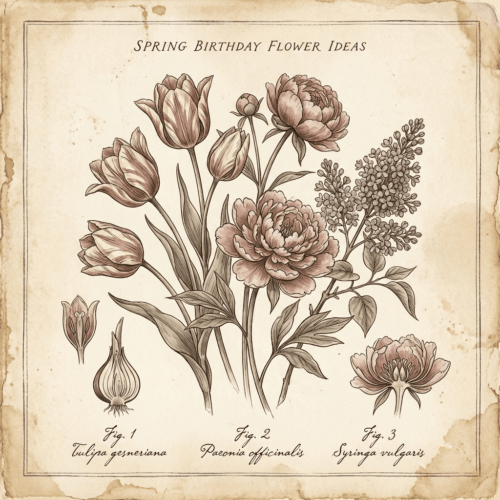 Spring birthday flower arrangement with tulips, peonies, and lilacs