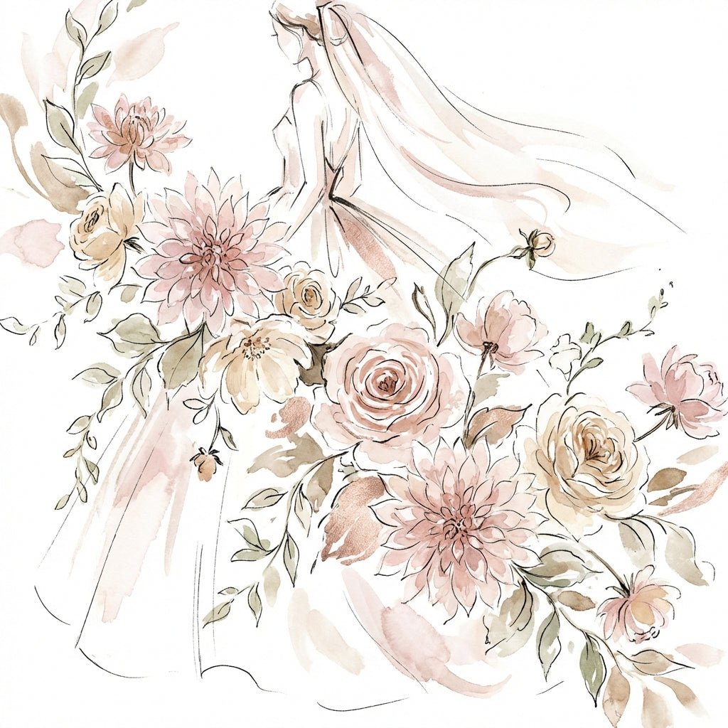 Elegant summer wedding floral arrangement with dahlias, roses, and greenery.