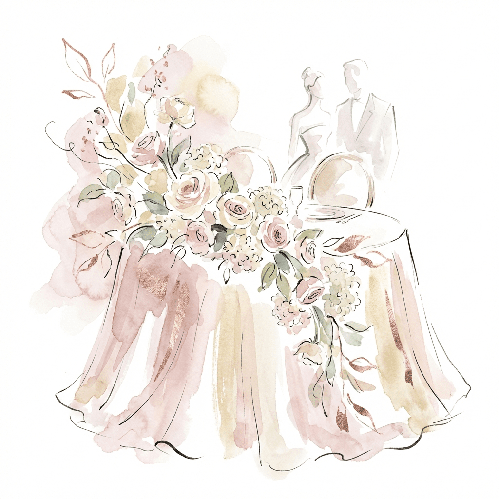 Stunning sweetheart table adorned with roses and hydrangeas.