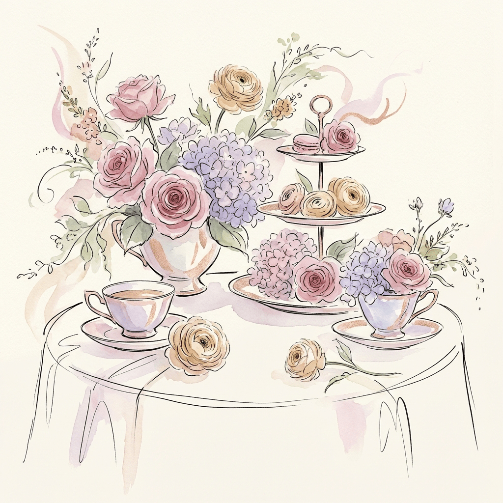 A beautifully decorated tea party table with pastel-colored flowers and teacups
