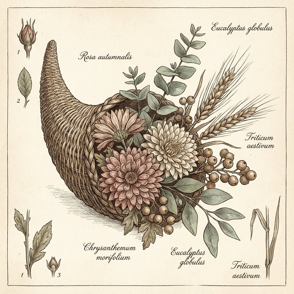 Thanksgiving cornucopia overflowing with flowers