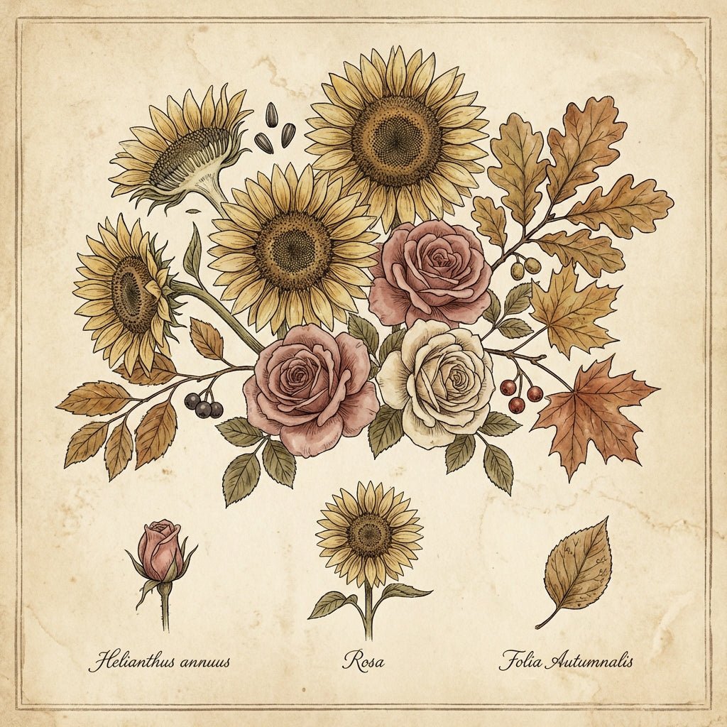 A stunning Thanksgiving centerpiece with sunflowers, roses, and fall foliage