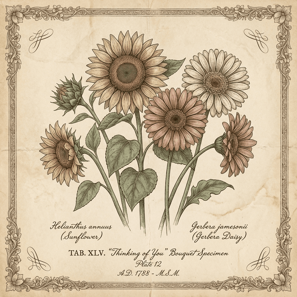 A vibrant bouquet of sunflowers and gerbera daisies, perfect for a 'thinking of you' gift.