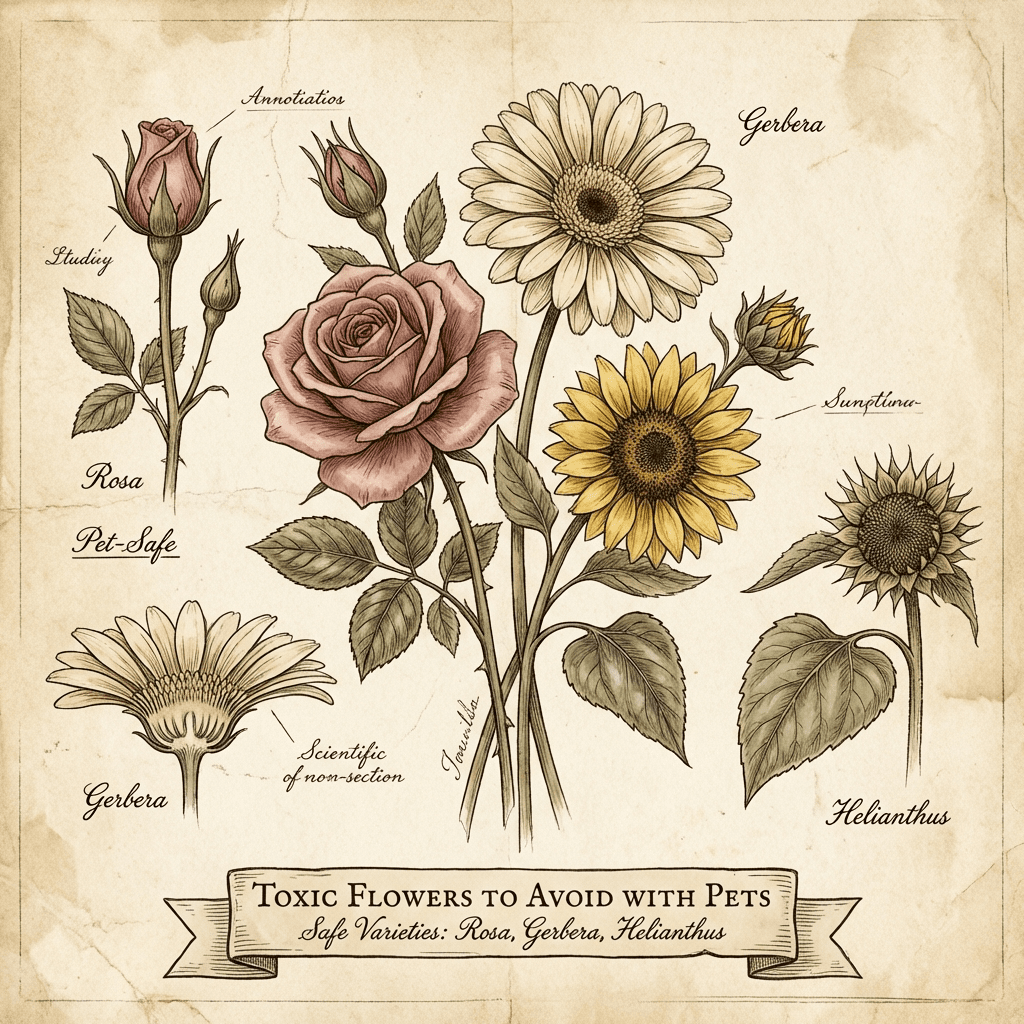 Beautiful arrangement of roses, gerberas, and sunflowers, all pet-safe options.