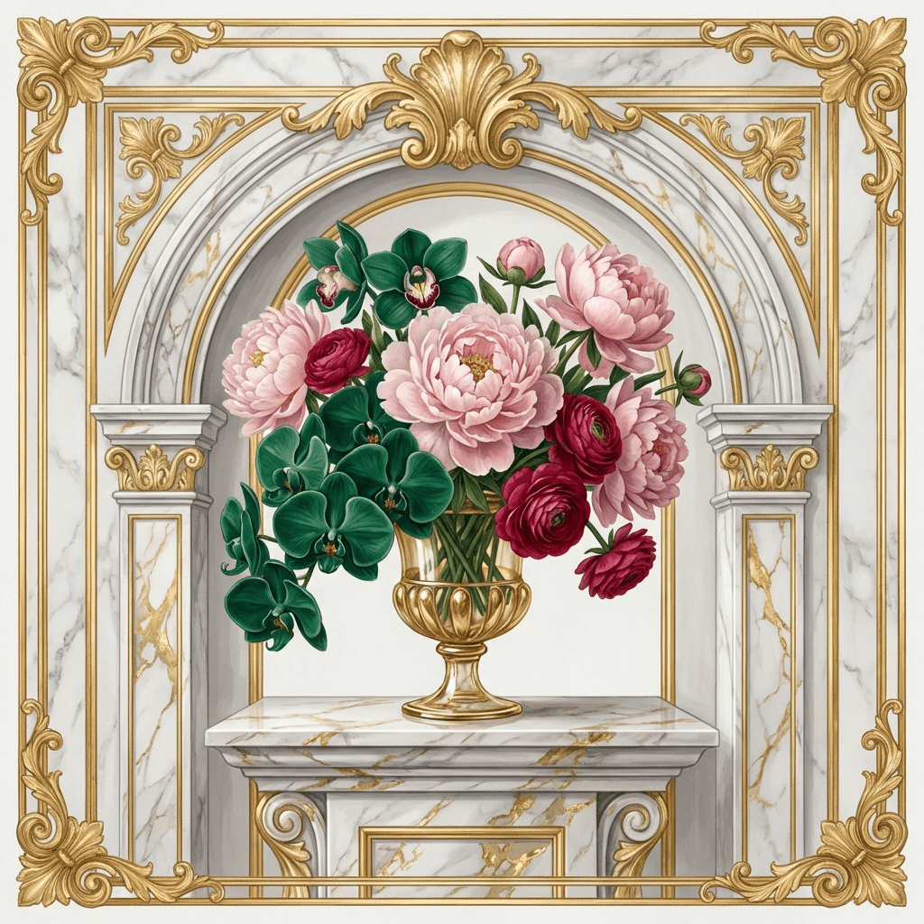 Luxurious Mother's Day flower arrangement with peonies, orchids, and ranunculus in a glass vase.