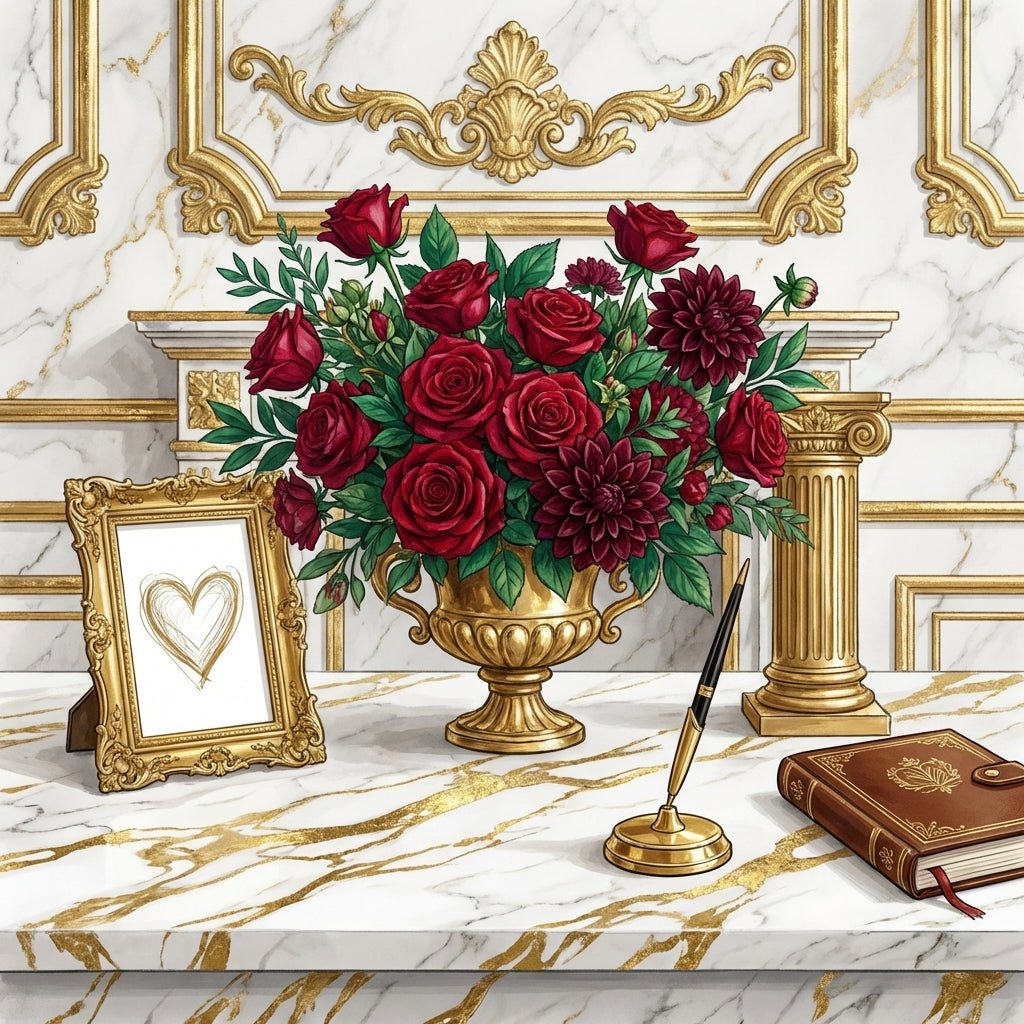 Valentine's Day flower arrangement on an office desk