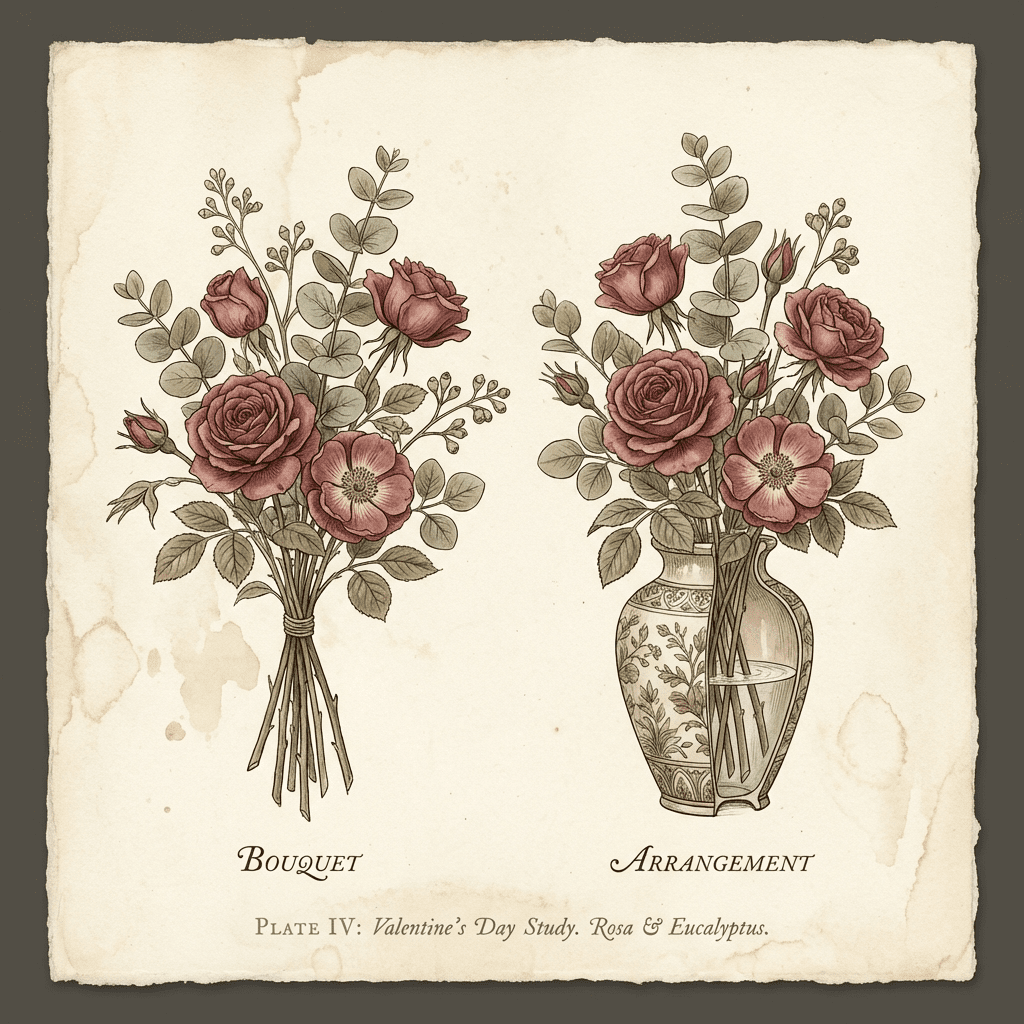 Valentine's Day bouquet with red roses and eucalyptus.