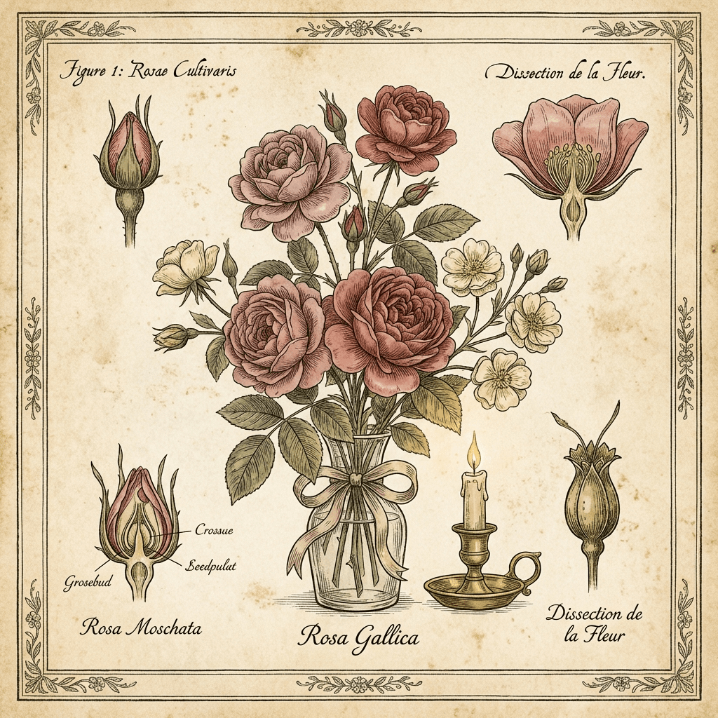 Valentine's Day centerpiece with roses and candles on a dining table