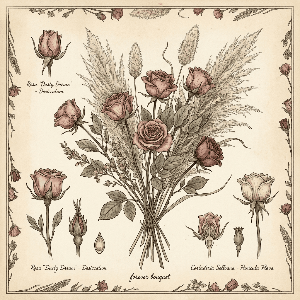 Stunning Valentine's Day dried flower bouquet with roses and pampas grass.