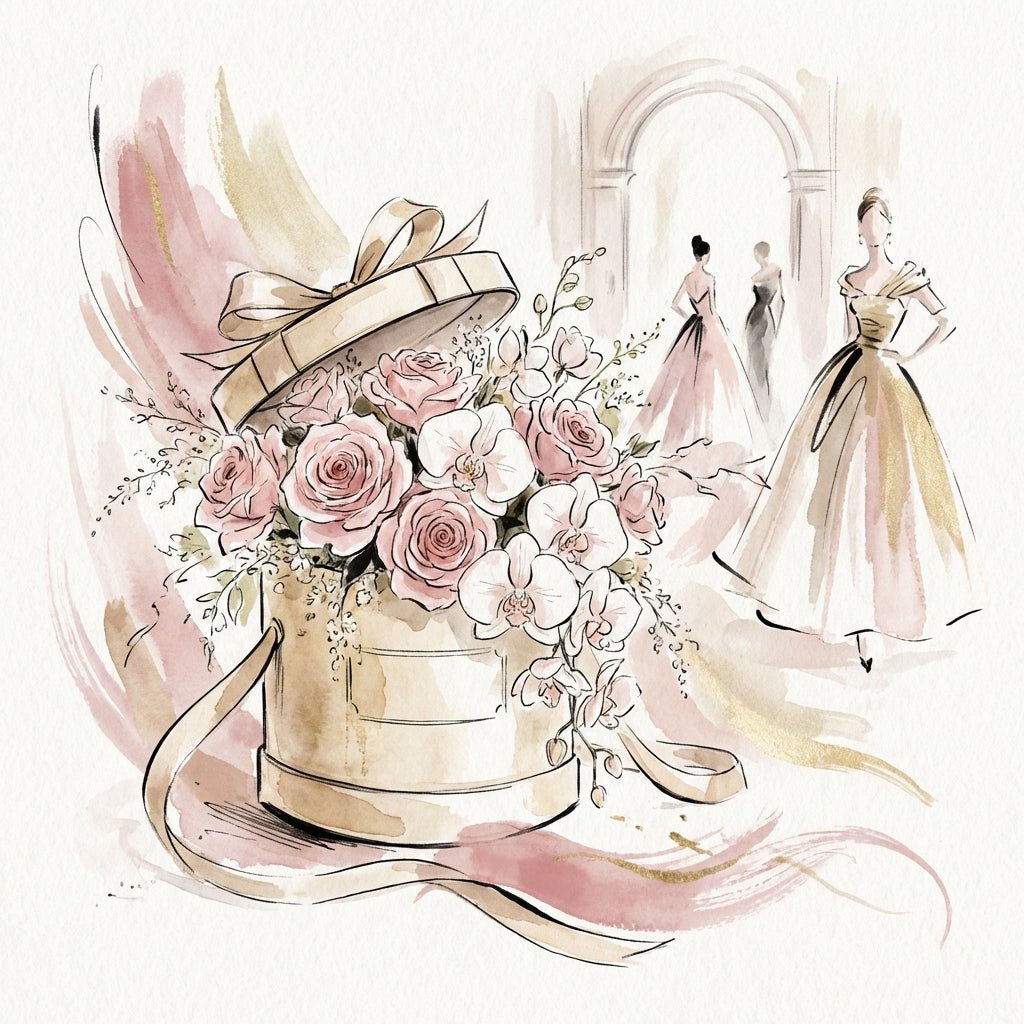 Luxury Valentine's Day flower box arrangement with roses and orchids.