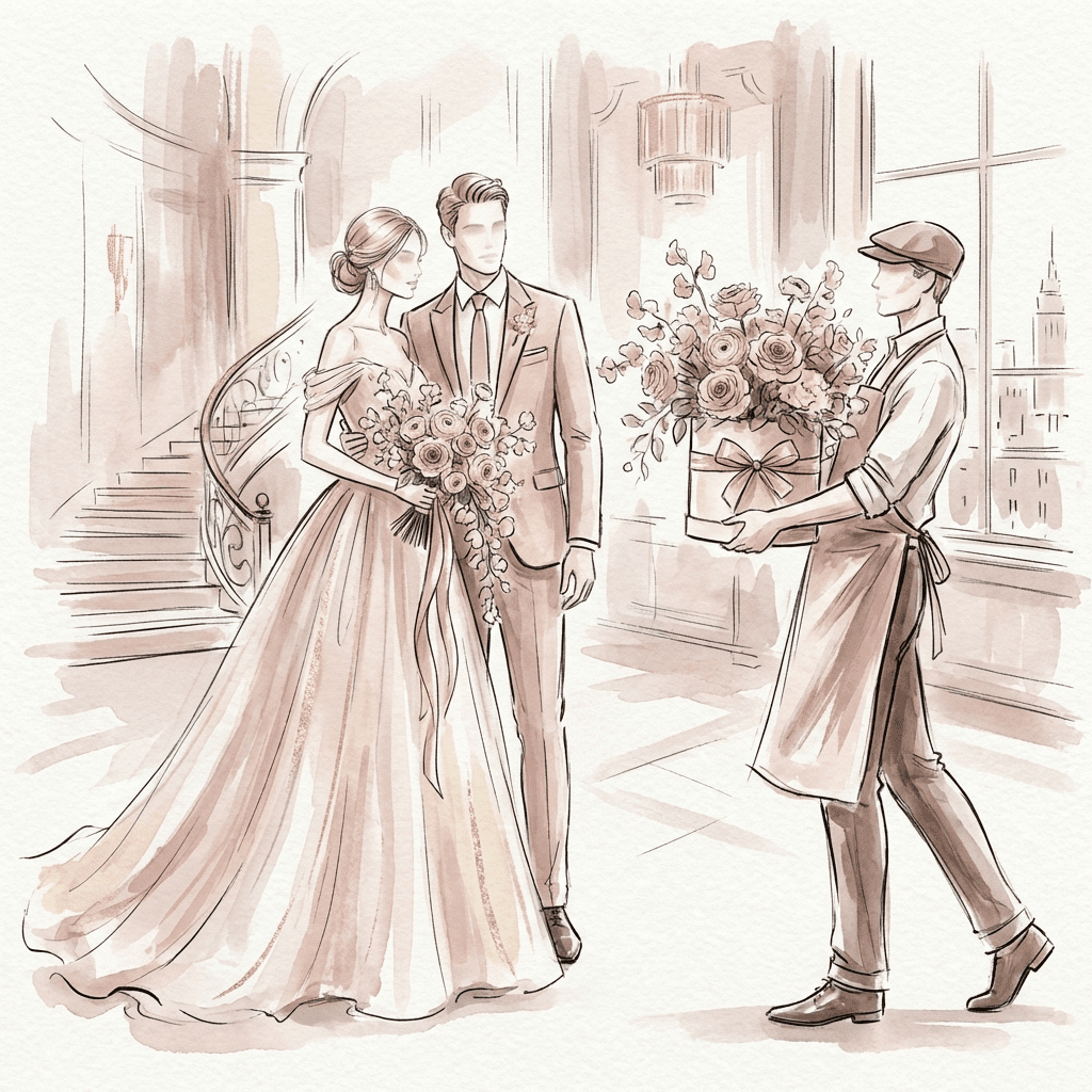 Romantic couple receiving Valentine's Day flower subscription delivery