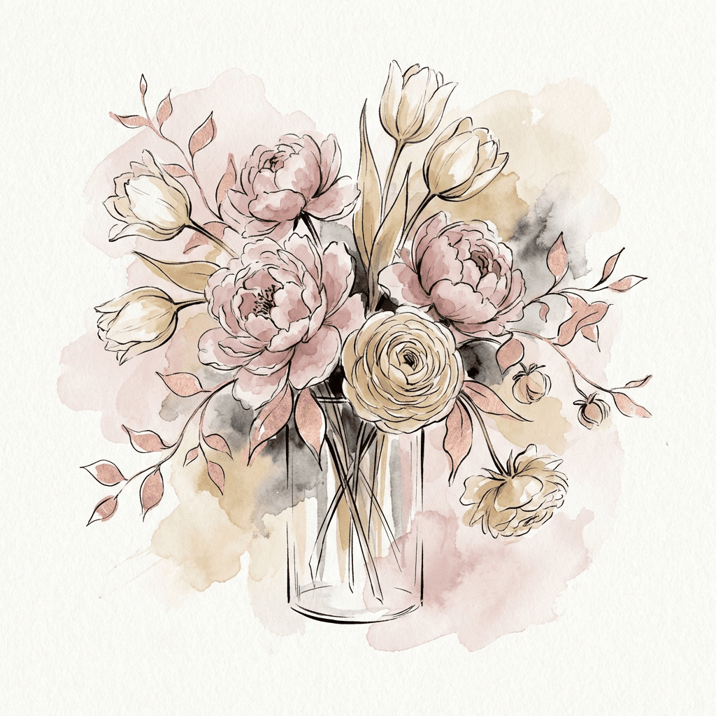 Romantic Valentine's Day flower arrangement featuring peonies, tulips, and ranunculus in a glass vase.