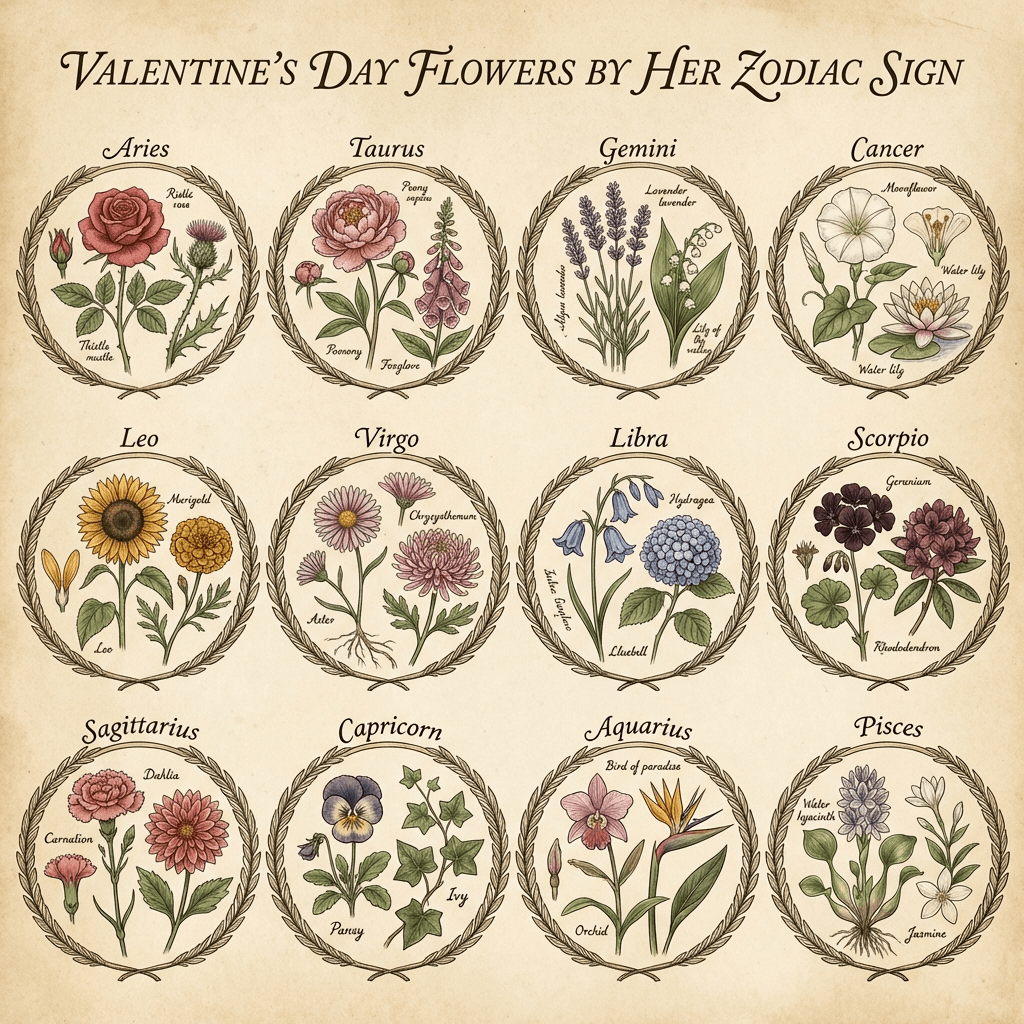 Valentine's Day flowers arranged by zodiac sign