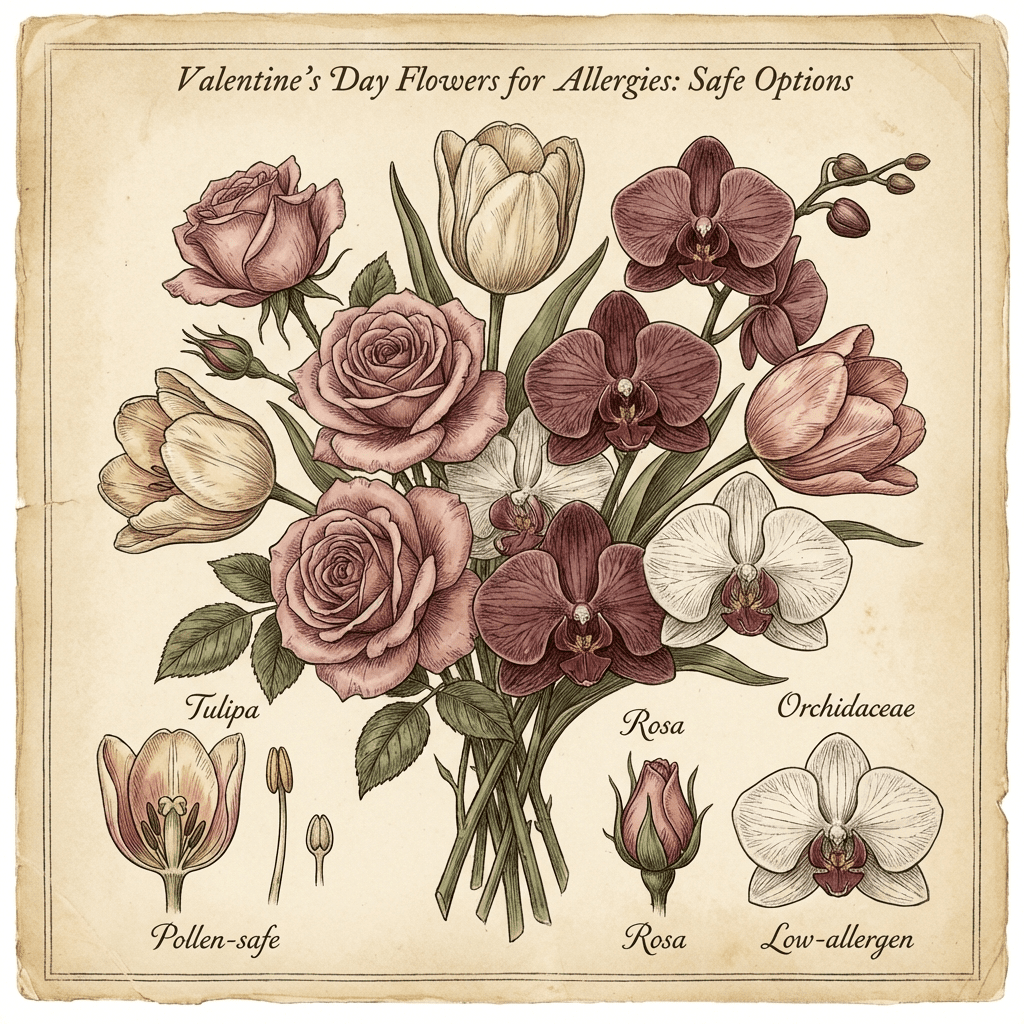 Allergy-friendly Valentine's Day bouquet with roses, tulips, and orchids.