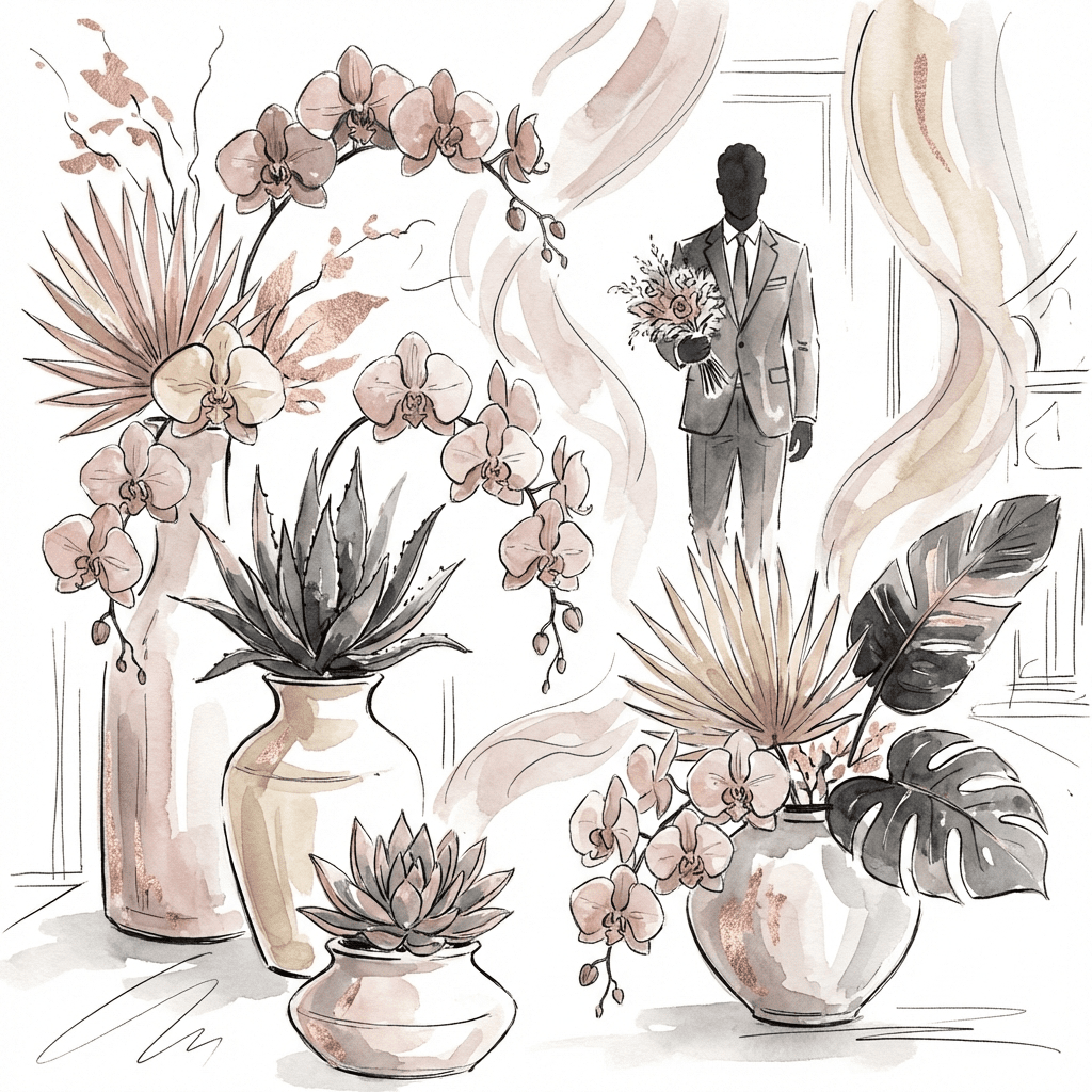 Valentine's Day flower arrangement for men with orchids, succulents, and tropical flowers
