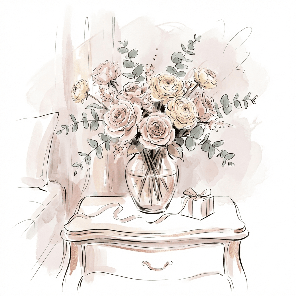 Valentine's Day flowers for a new girlfriend on a bedside table