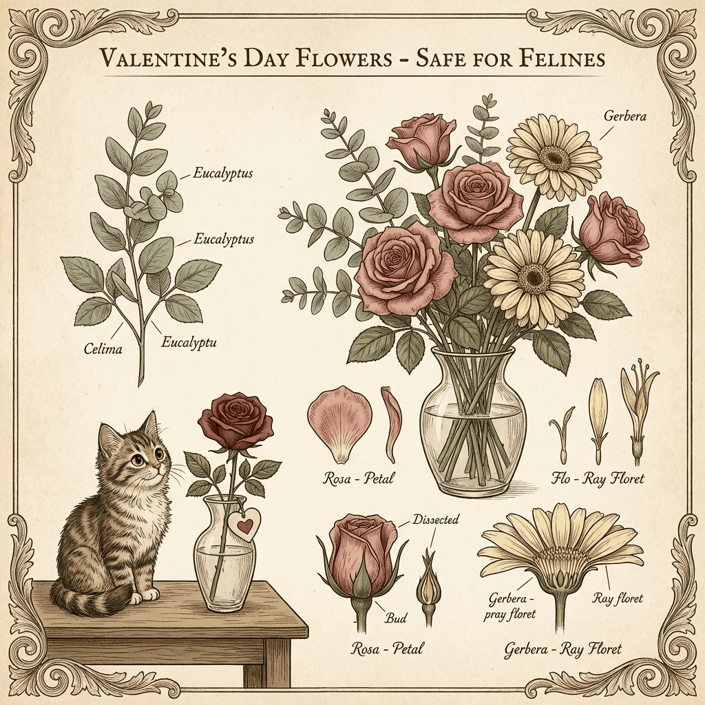 Cat looking at a vase of red roses on Valentine's Day