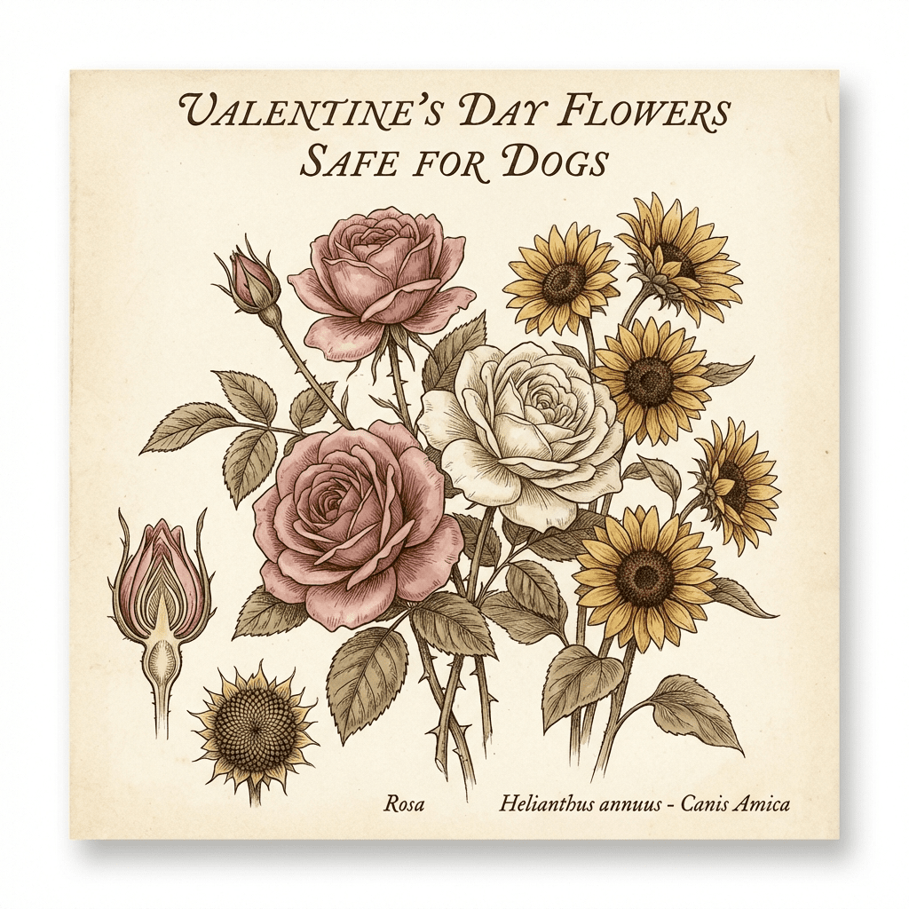 Dog-safe Valentine's Day flower arrangement with roses and sunflowers